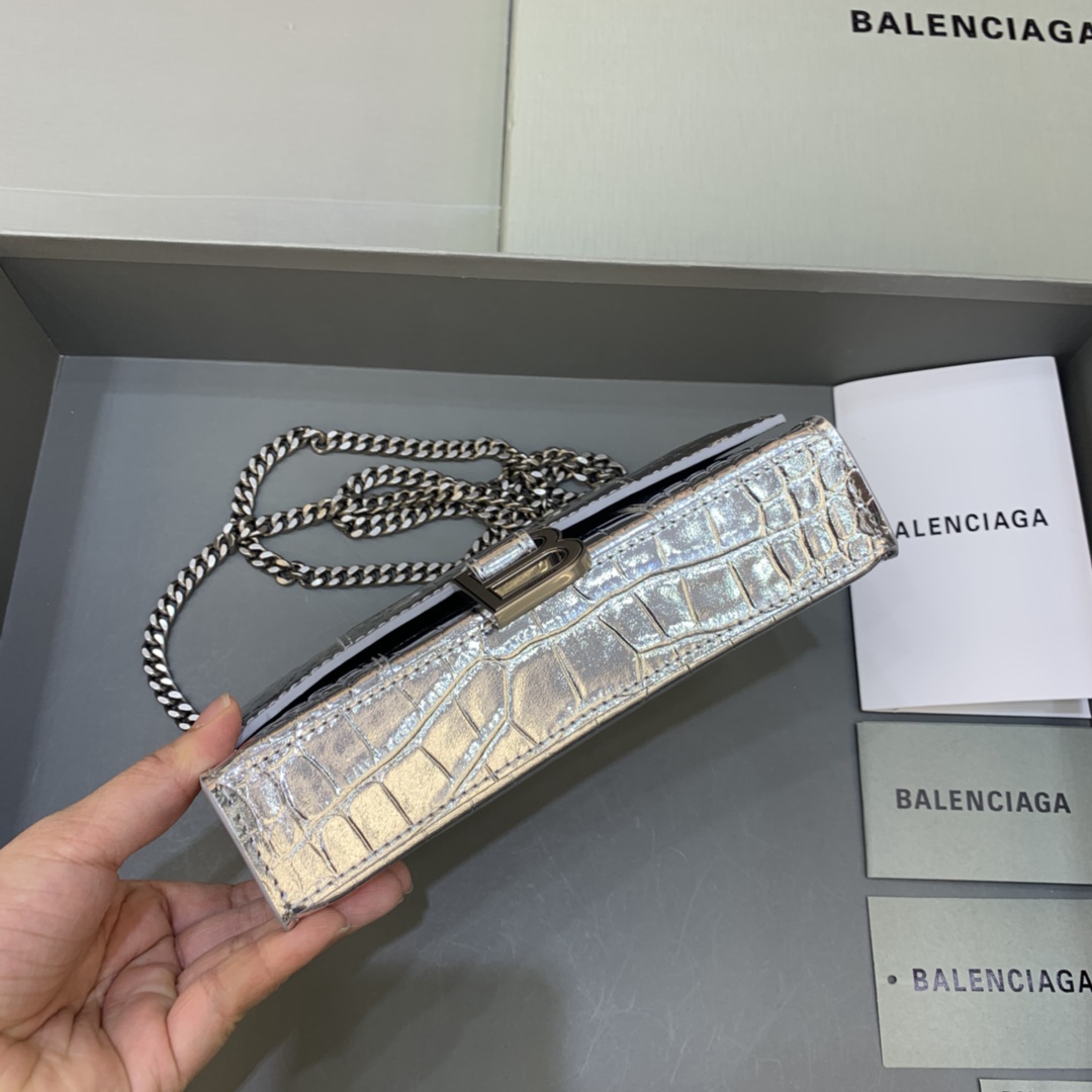 Balenciaga Small Hourglass Wallet With Chain Crocodile Embossed Shoulder Bag Silver